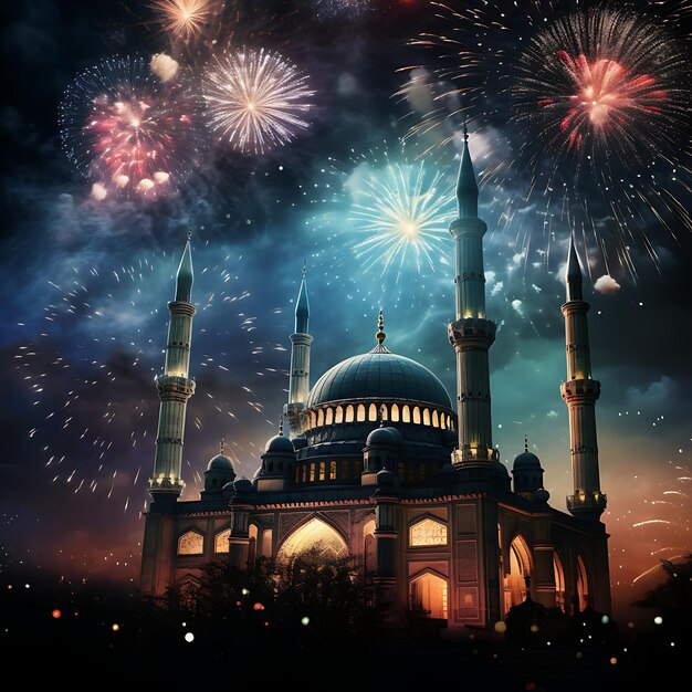 Göttliches Erleuchtungsfeuerwerk hinter der majestätischen Moschee