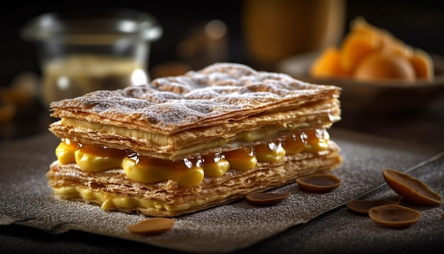 Gofre de fruta con pila de postre casero con caramelo generado por IA