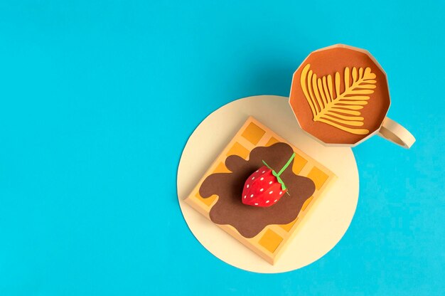 Foto gofres belgas con chocolate y taza de fresa de capuchino de papel