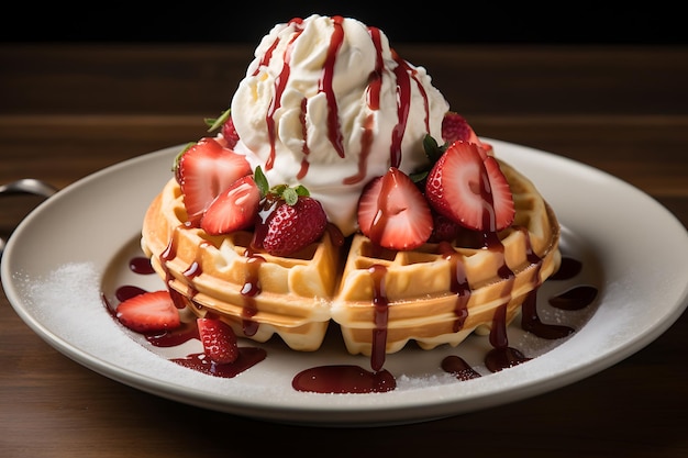 Gofres belgas con fresa y helado en un plato