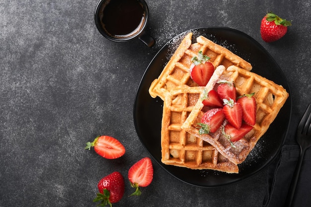 Gofres belgas Gofres caseros con fresas, azúcar en polvo y una taza de café en un plato negro sobre fondo de mesa de piedra negra Desayuno Vista superior Mockup para idea de diseño