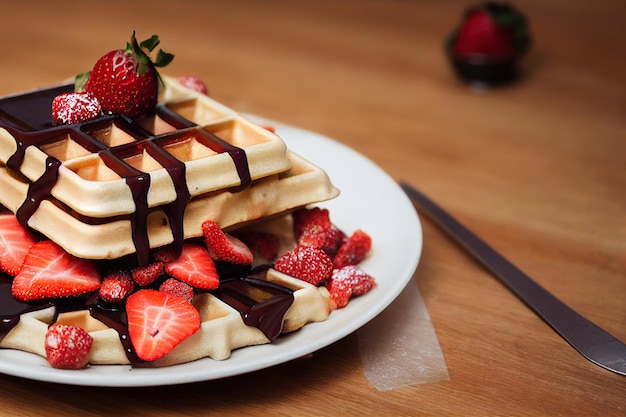 Gofres belgas en salsa de chocolate con fresas en un plato para el desayuno