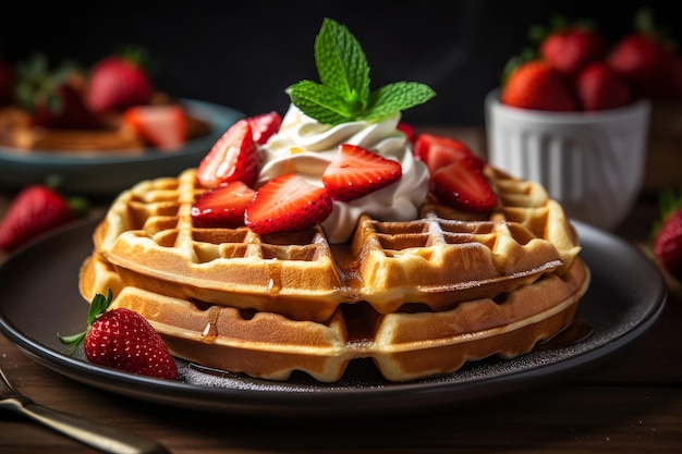 Gofres con crema batida y fresas en un plato