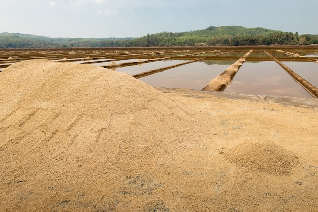 Gokarna, Índia - 21 de fevereiro de 2016: Sanikatta é a mais antiga (de 1720) fabricação de sal natural no estado de Karnataka, perto da cidade de Gokarna. Pilha de sal não refinado perto da água