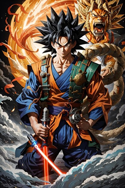 Goku hält ein leichtes Schwert im Samurai-Kunststil auf