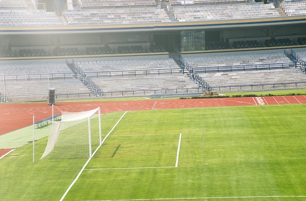 Gol de futebol de futebol com grama verde no estádio