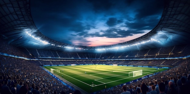 Gol estadio mundo juego de arena luz verde deporte fútbol fútbol IA generativa