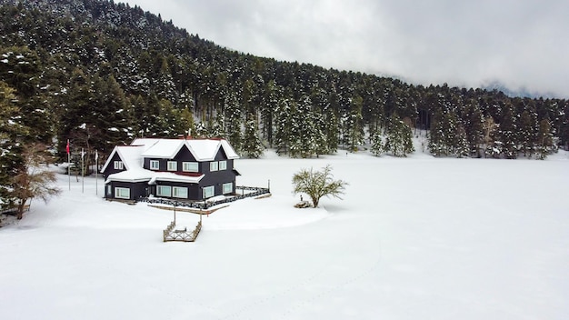 Golcuk - Bolu - Turquía, nieve de invierno durante las nevadas. Foto de drone de concepto de viaje.