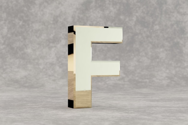 Foto gold 3d buchstabe f großbuchstaben. glänzender goldener buchstabe auf konkretem hintergrund. metallisches alphabet mit studiolichtreflexionen. 3d gerenderte schriftzeichen.