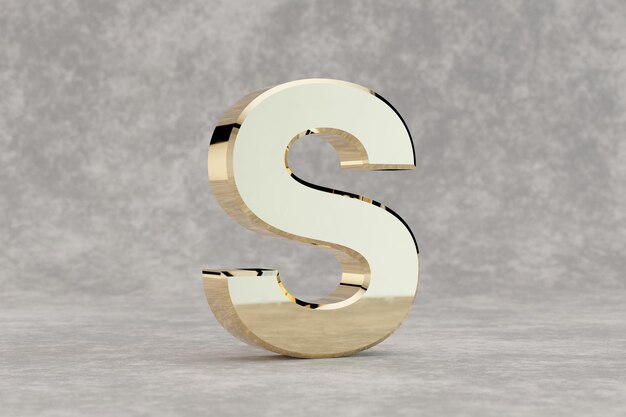 Gold 3d Buchstabe S Großbuchstaben. Glänzender goldener Buchstabe auf konkretem Hintergrund. Metallisches Alphabet mit Studiolichtreflexionen. 3D gerenderte Schriftzeichen.