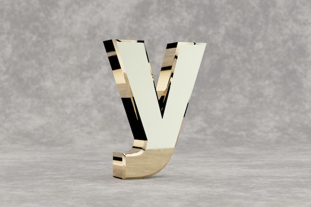 Foto gold 3d buchstabe y kleinbuchstaben. glänzender goldener buchstabe auf konkretem hintergrund. metallisches alphabet mit studiolichtreflexionen. 3d gerenderte schriftzeichen.