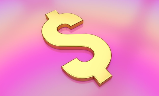 Gold 3D-Dollar-Logo und reflektierter rosa Hintergrund