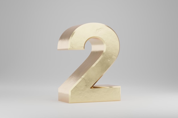 Gold 3d Nummer 2. Goldene Nummer isoliert auf weißem Hintergrund. Goldenes Alphabet mit Unvollkommenheiten. 3D gerenderte Schriftzeichen.