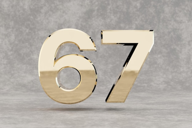 Gold 3d Nummer 67. Glänzende goldene Nummer auf konkretem Hintergrund. Metallische Ziffer mit Studiolichtreflexionen. 3D-Rendering.