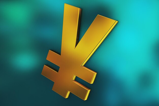 Gold 3D-Yen-Geld-Logo und reflektierter blauer Hintergrund