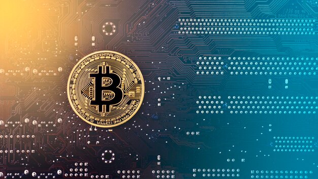 Gold Bitcoin auf der Rückseite des Motherboard getönten Bildes