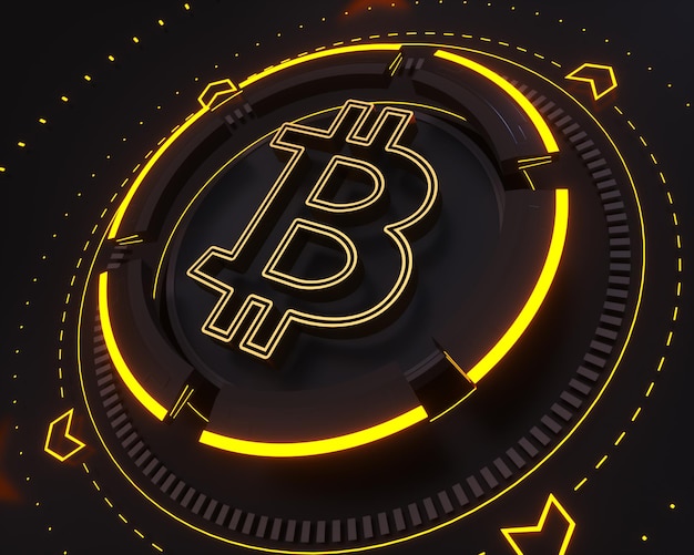 Gold-Bitcoin-Coin-Logo auf dem dunklen digitalen Hintergrund und gelb leuchtender Form