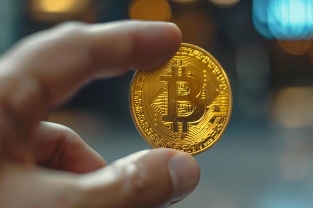 Gold Bitcoin in Menschen Hand virtuelles Geld Geschäft und Kryptowährungen