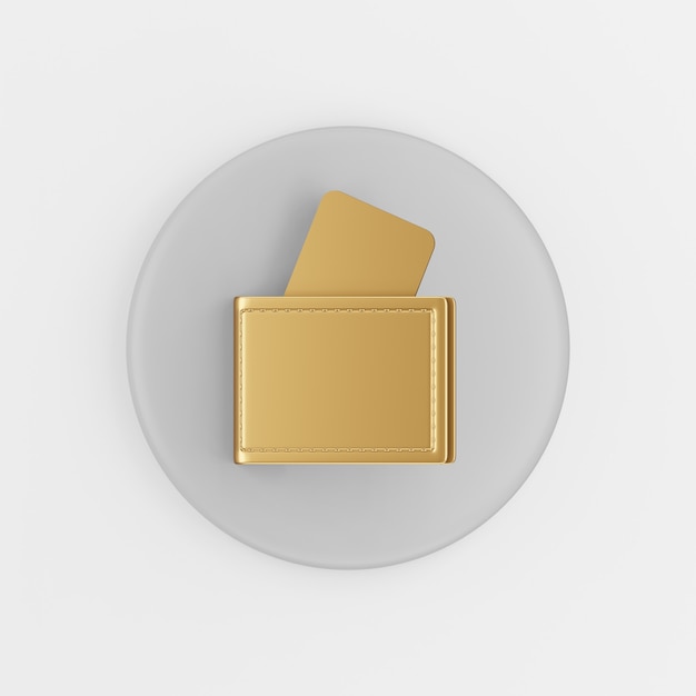 Gold Brieftaschen-Symbol mit Bankkarten. 3D-Rendering grauer runder Knopfschlüssel, Schnittstelle ui ux Element.