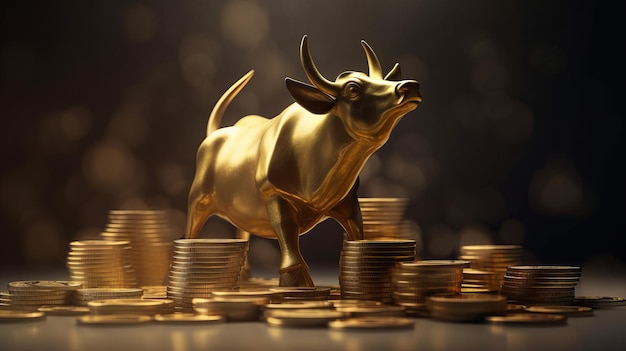 Gold Bull Coin Mountain fundo desfocado Generative AI