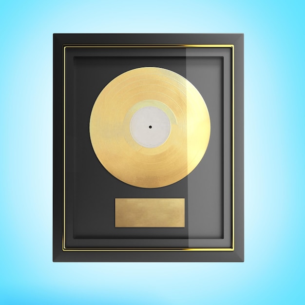 Gold-CD-Preis mit Label 3D-Render auf Blau