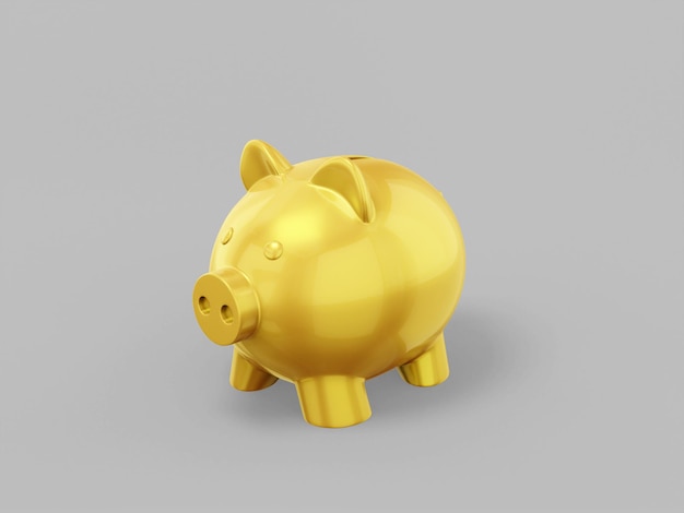 Gold einfarbiges Sparschwein auf grauem monochromem Hintergrund. Minimalistisches Designobjekt. 3D-Rendering-Symbol ui ux-Schnittstellenelement.