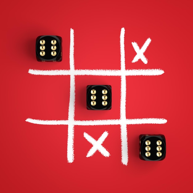 Foto gold game dice cubes im tic tac toe-spiel auf rotem hintergrund 3d-rendering