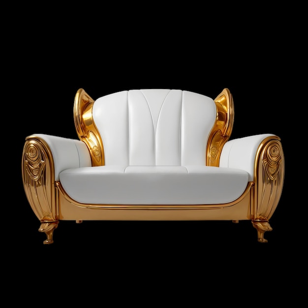 Gold geschmückt Eleganz 8K Weiß Sofa auf schwarzem Hintergrund