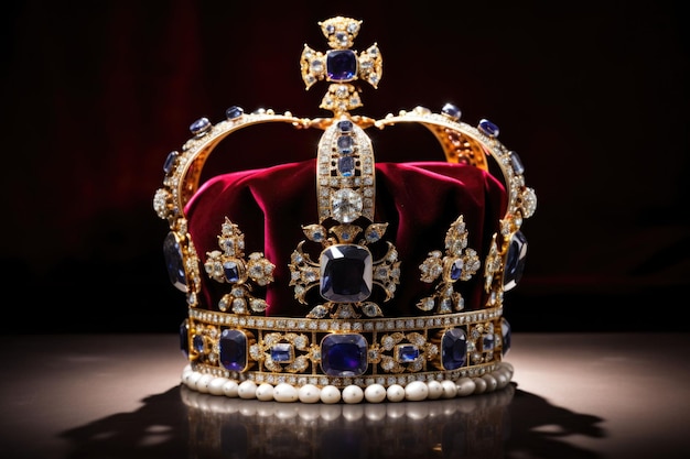 Gold geschmückte Königinkrone mit Diamanten Teure Schmuckstücke Magische Krone Nahaufnahme Generative KI-Illustration