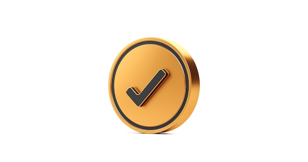 Gold-Häkchen-Symbol-Schaltfläche und Ja oder genehmigtes Symbol einzeln auf Bestätigung der Checkliste für das richtige Zeichen auf weißem Hintergrund mit Vereinbarungserfolgsfeld 3D-Rendering.