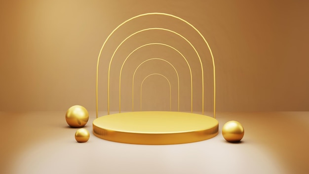 Gold Luxus-Podium Farbe 3D-Hintergrund mit geometrischen Formen Kreisanzeige leerer Sockel auf einer Etage Geschwungene Wand die Plattform für die Produktpräsentation minimale Darstellung des Kopierraums für Kosmetika