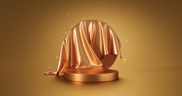 Gold-Luxus-Stoff-Produktdisplay oder Eleganz-Podestsockel auf goldenem Glitzerhintergrund mit abstrakter Präsentationskulisse und Präsentationsvorlage 3D-Rendering.