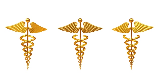 Gold medizinische Caduceus-Symbol auf weißem Hintergrund. 3D-Rendering