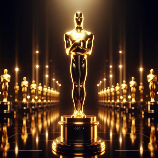 Gold-Oscar-Statue in Originalgröße, isoliert auf schwarzem Hintergrund, ai generativ