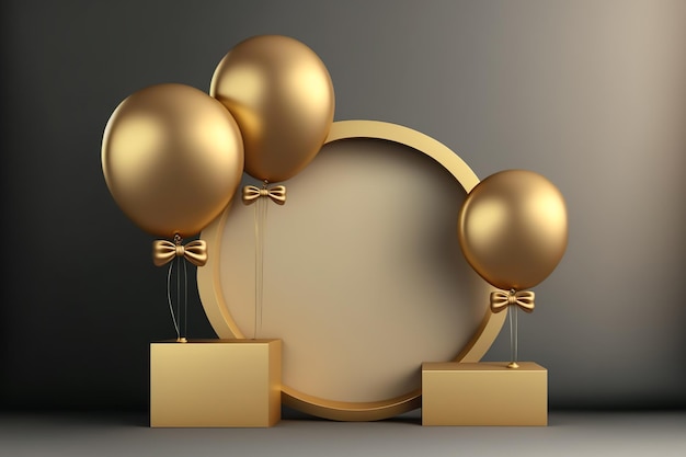 Gold Podium Cosmetic Mockup Birthday Golden Luxury regalos globos AI generativa