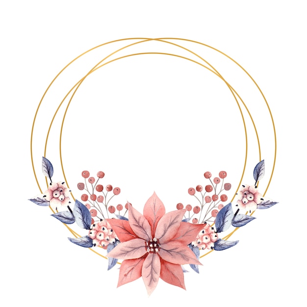 Gold runder Rahmen mit Aquarellblumen von Schneebeeren und Weihnachtssternblumen