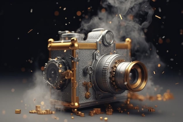 Gold-Silber-Kamera im Steampunk-Stil auf rauchigem grauem Hintergrund, Funkenhintergrund, generative KI