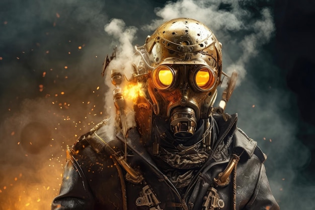 Gold Steampunk Cyborg auf Rauch Dampf Funken Hintergrund Generative KI