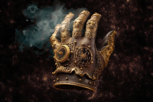 Gold Steampunk Handschuh auf Rauch Dampf Funken Hintergrund Generative KI