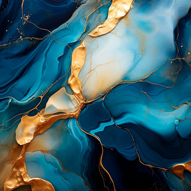 Gold und blauer abstrakter Marmorhintergrund, flüssige Tintentextur, generative KI