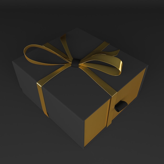 Gold und dunkle Geschenkbox, rechte Ansicht, isoliert im schwarzen Hintergrund