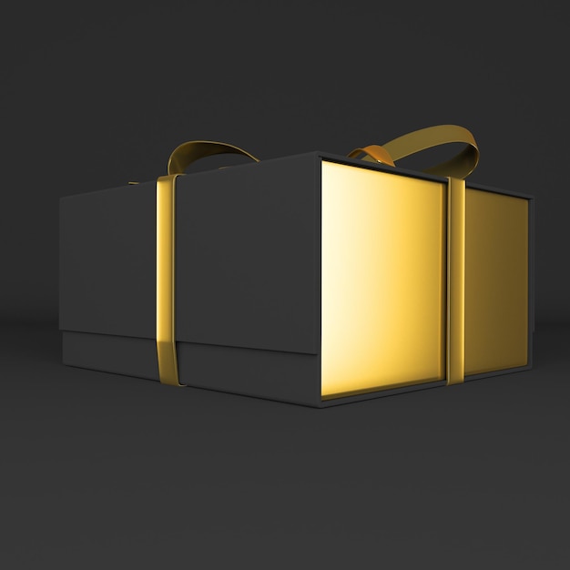 Gold und dunkle Geschenkbox Rückseite rechts auf schwarzem Hintergrund isoliert