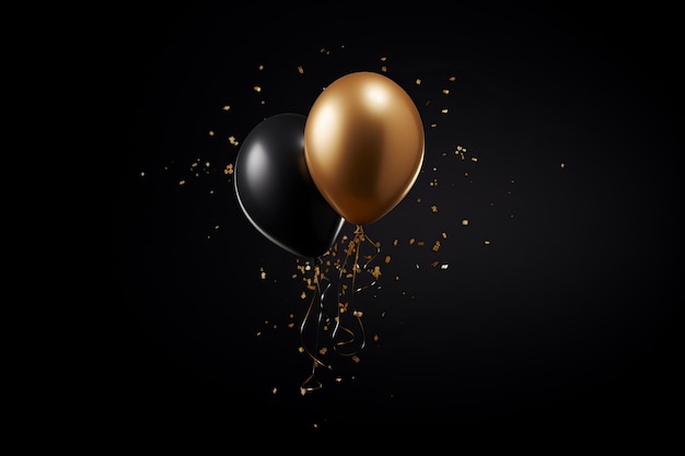 Gold- und schwarze Ballons mit Konfetti auf schwarzem Hintergrund