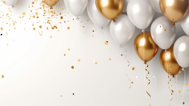 Gold-weiße Ballons mit Konfetti auf weißem Hintergrund