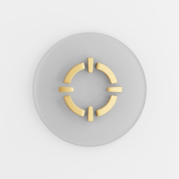 Gold Zielsymbol. Runder grauer Schlüsselknopf des 3D-Renderings, Schnittstelle ui ux Element.