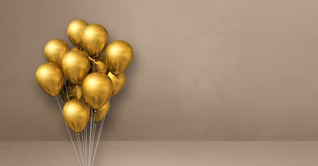 Goldballonbündel auf einem beige Wandhintergrund. Horizontales Banner. 3D-Darstellung rendern