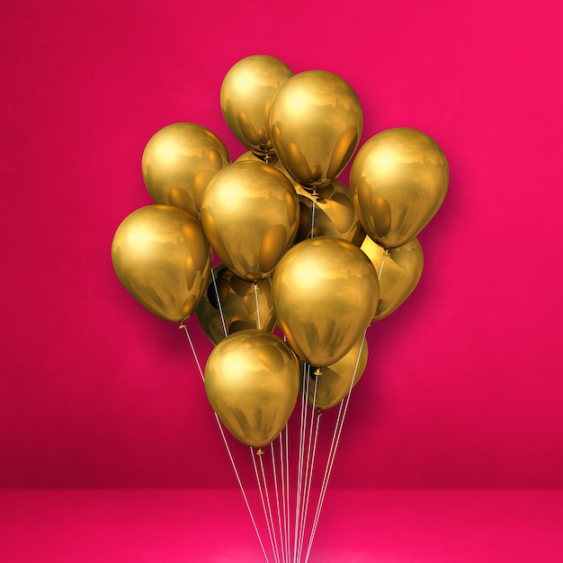 Goldballonbündel auf einem rosa Wandhintergrund. 3D-Darstellung rendern