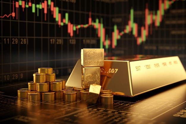 Goldbarren ruht auf einem Aktien- und Aktiendiagramm, das digitale KI-Kunst für Investitionen darstellt