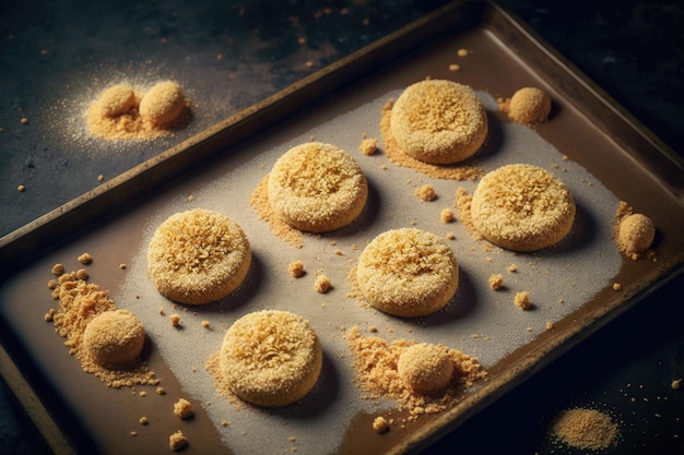 Goldbraune Kekse und Krümel auf Backblech für hausgemachte Desserts