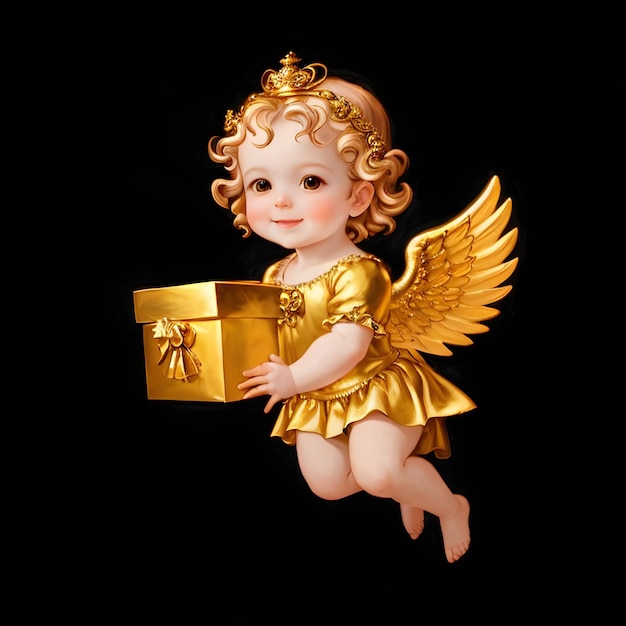Foto golden angel baby girl mit einer goldenen geschenkkiste
